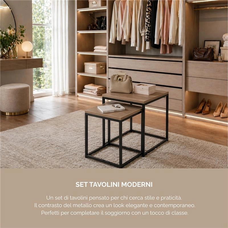 2 TAVOLINI METALLO MELANINA E MDF DIMENSIONI 35X35X45H CM E 40X40X50H CM - COLORE ROVERE