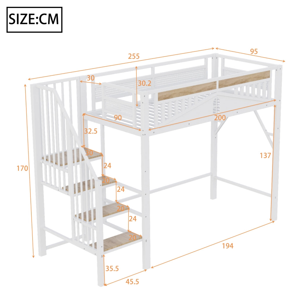 Letto a Soppalco Singolo con Scala di Sicurezza; Contenitore e Sponda Finestra; 90 x 200 cm; senza Materasso