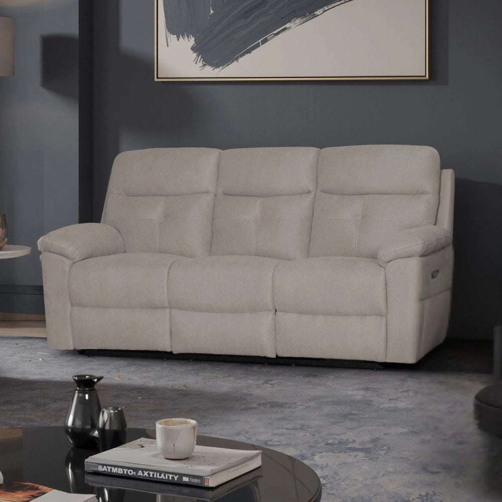 Divano Kayde 3 posti recliner elettrico in tessuto beige – Comfort e relax totale