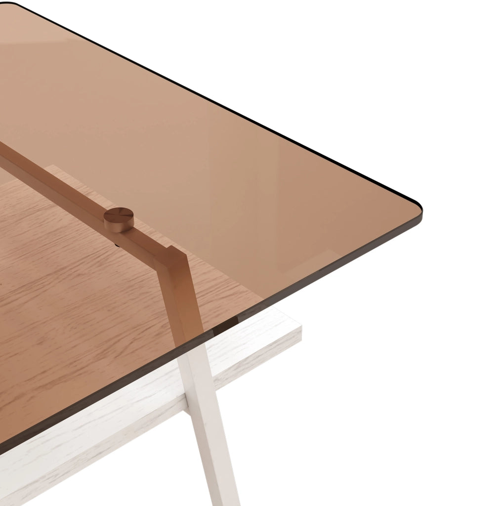 Tavolino da salotto moderno con vetro temperato marrone e base MDF bianca
