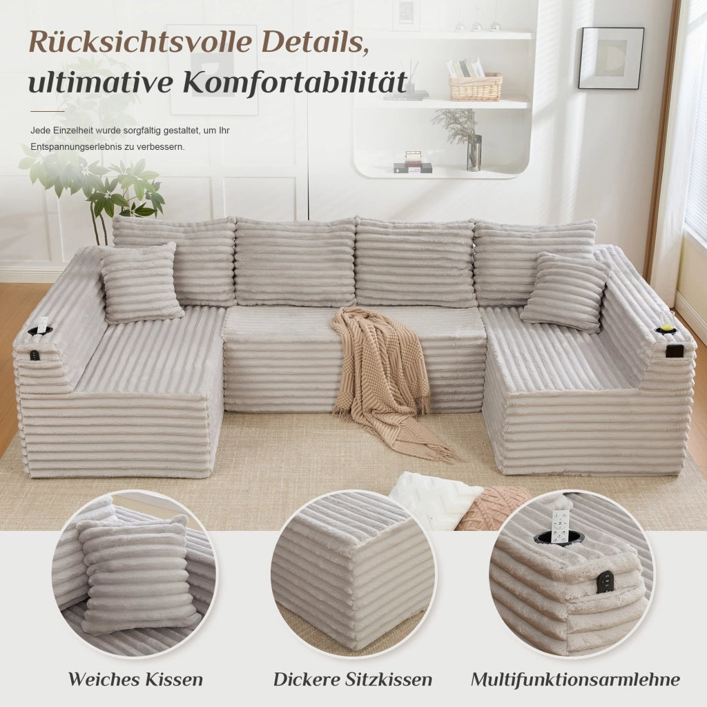 DIVANO modulare a U 320x155x88 cm in velluto a coste grigio chiaro