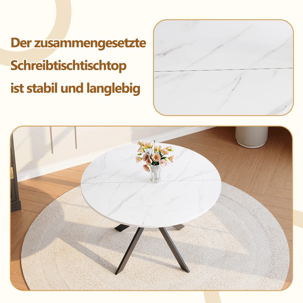 Tavolo da pranzo rotondo con piano effetto marmo bianco in MDF e base a X nera diametro 110 cm