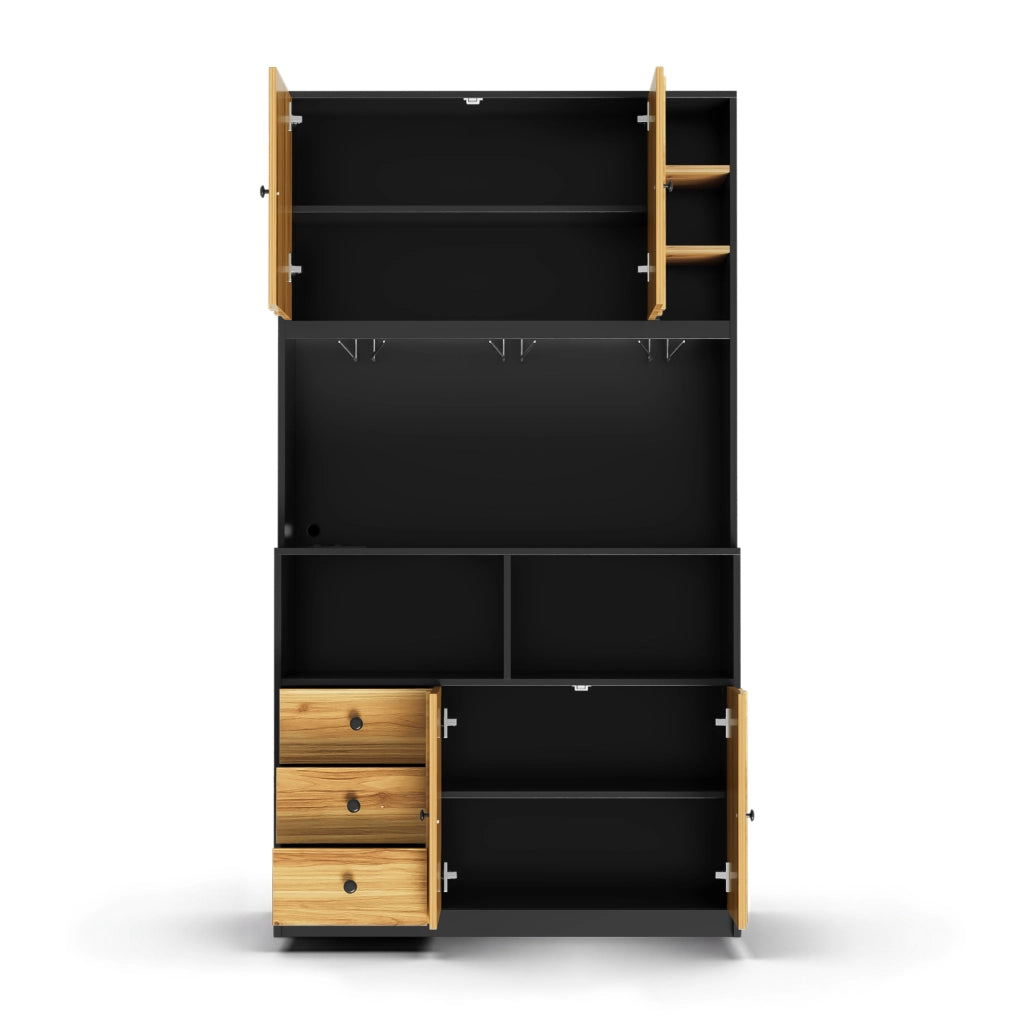 Credenza cucina 100x40x180 cm con LED; prese e portabottiglie in MDF nero e naturale