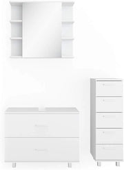 Set mobili bagno Ilias, Bianco, 80 cm, composto da mobile sottolavabo, specchiera e mobile medio