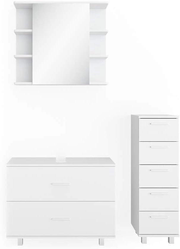 Set mobili bagno Ilias, Bianco, 80 cm, composto da mobile sottolavabo, specchiera e mobile medio