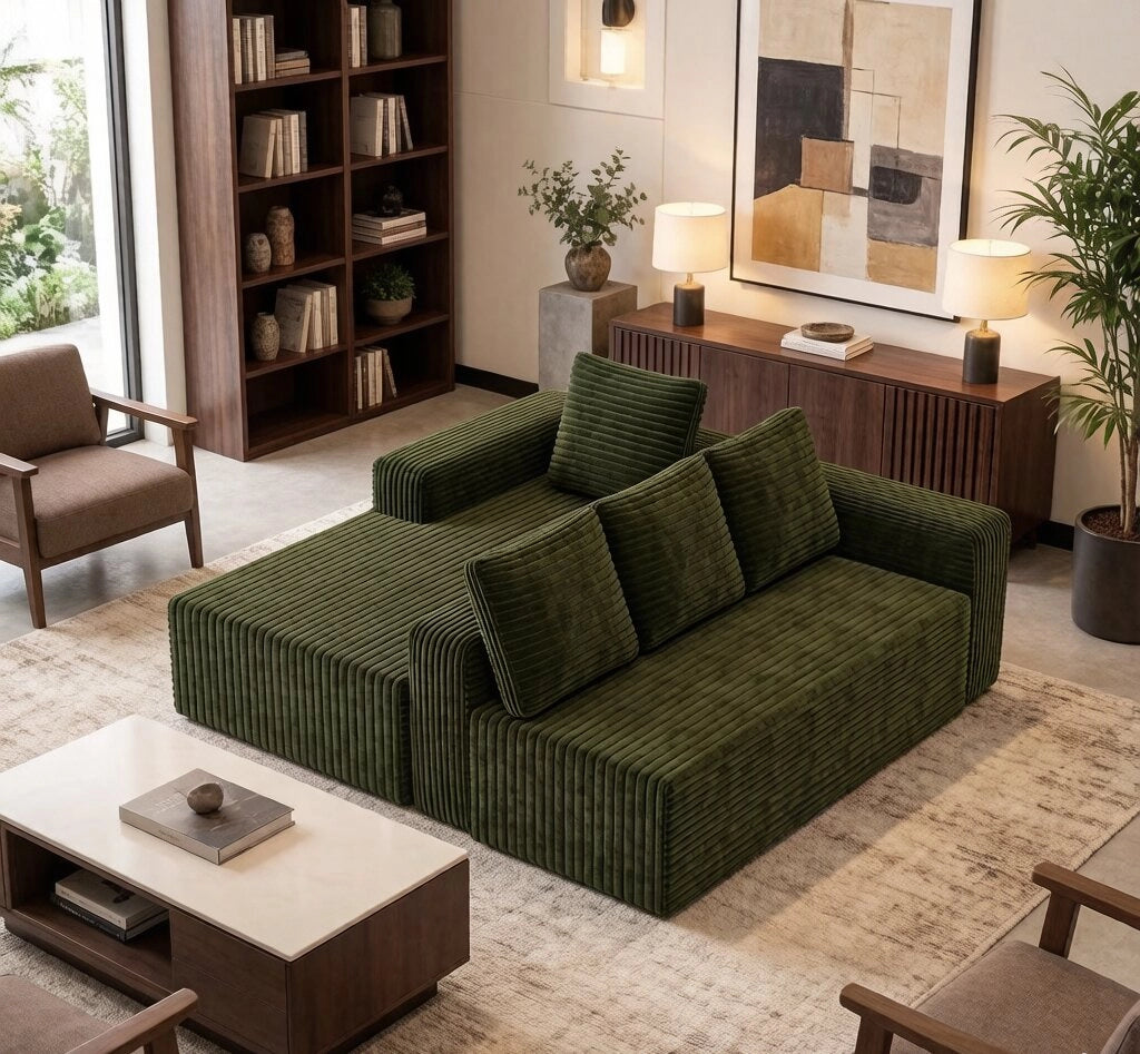 Divano modulare a L con chaise longue reversibile; verde; 104x36x36 cm