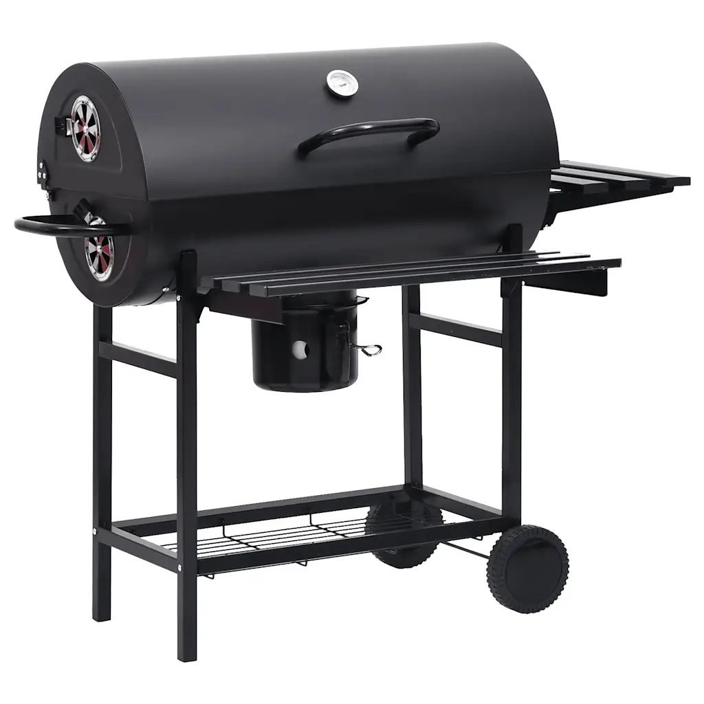 Barbecue a Barile con Ruote e Ripiani Acciaio Nero 115x85x95 cm CFW4450321
