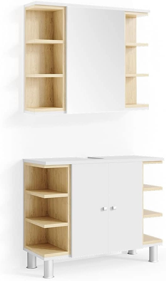 Set mobili bagno Aquis, Bianco, 79.6 cm, composto da specchio da bagno e mobile sottolavabo