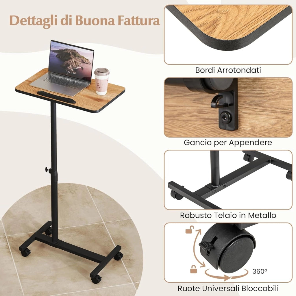 Tavolino Servitore con Altezza Regolabile, Ruote Bloccabili, Piano Girevole a 360° e Inclinabile con Fermo Bordo, Tavolino a Forma di C per Soggiorno, Camera da Letto e Studio (Naturale)