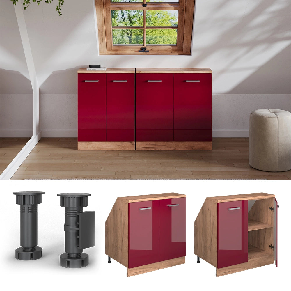 Mobile sottotetto Rion Rosso lucido/Rovere dorato 80 x 83.8 cm con 2 porte, carcassa 60 cm profondità Vicco
