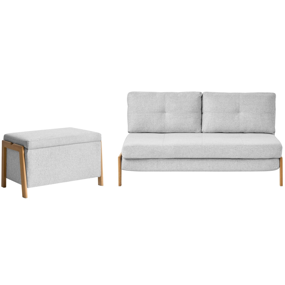 Set divano e panca tessuto grigio imbottito Gambe in ferro Funzione letto Contenitore aggiuntivo Stile moderno