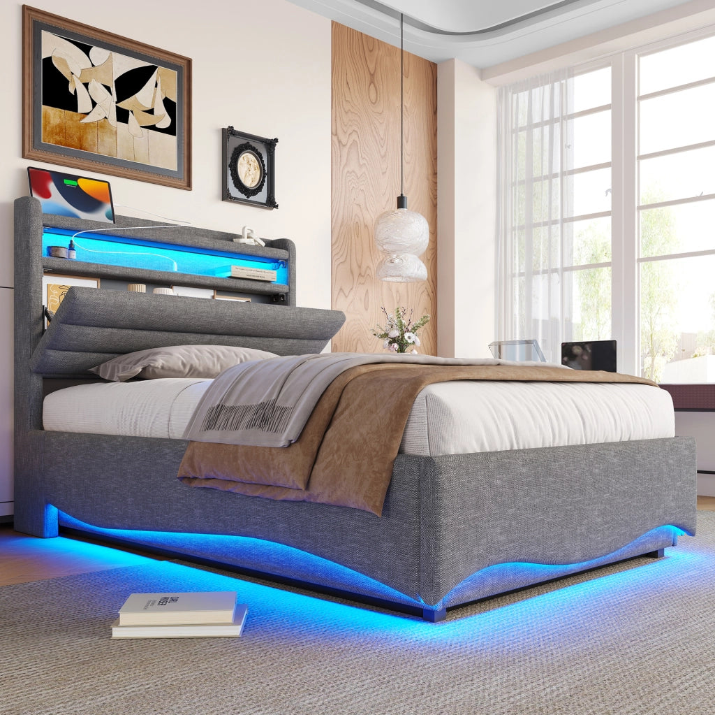 Letto imbottito 90x200 cm con LED; contenitore idraulico; USB e Type-C in lino grigio