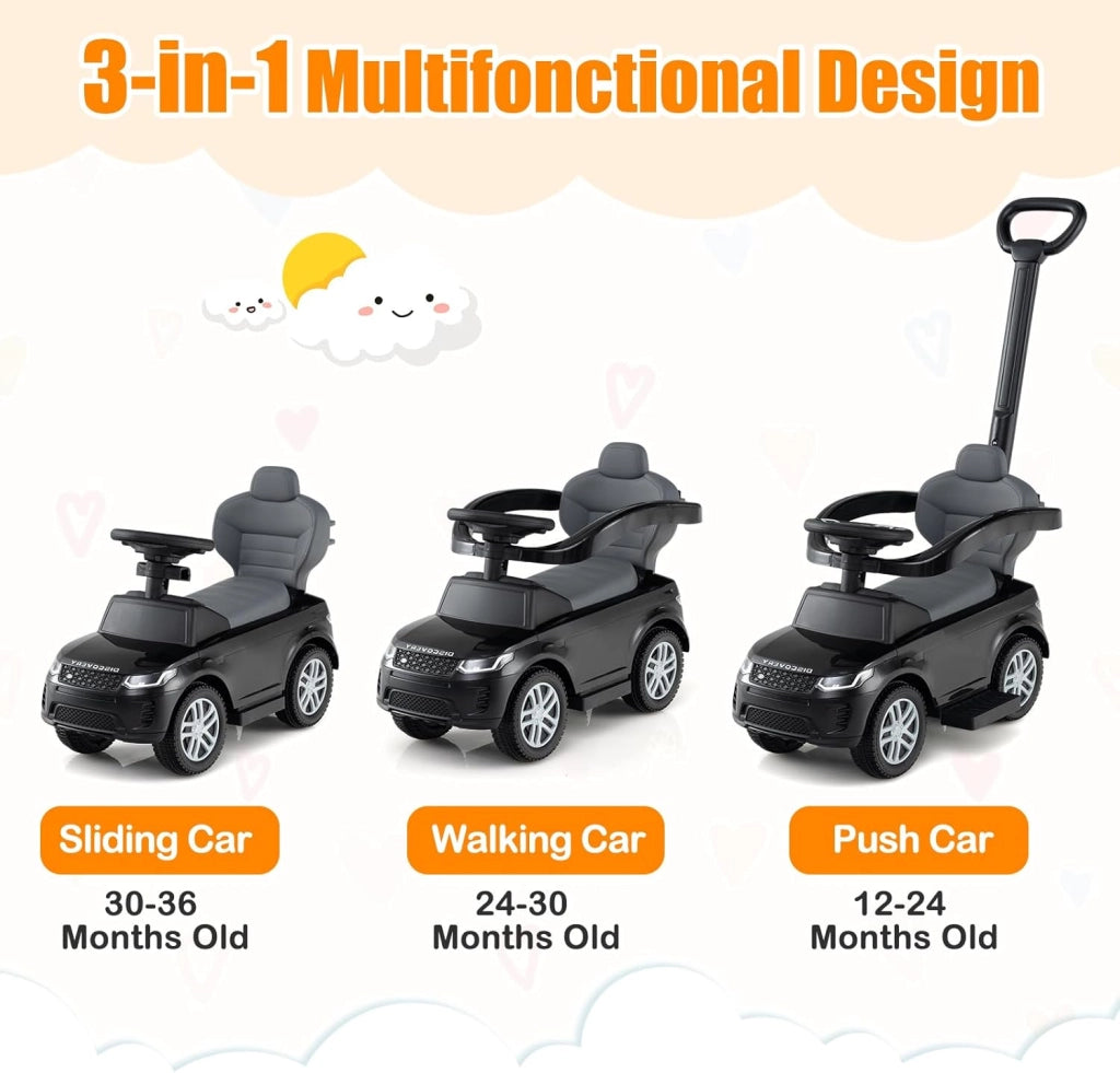 Macchina Cavalcabile per Bambini 1-3 Anni, Cavalcabile Bambino 3 in 1, Pignée Amovibile, Guida Realistica con Volante, Clacson, Musica, Carico 25 kg, Ruote Antiscivolo, Regali Bambini (Nero)