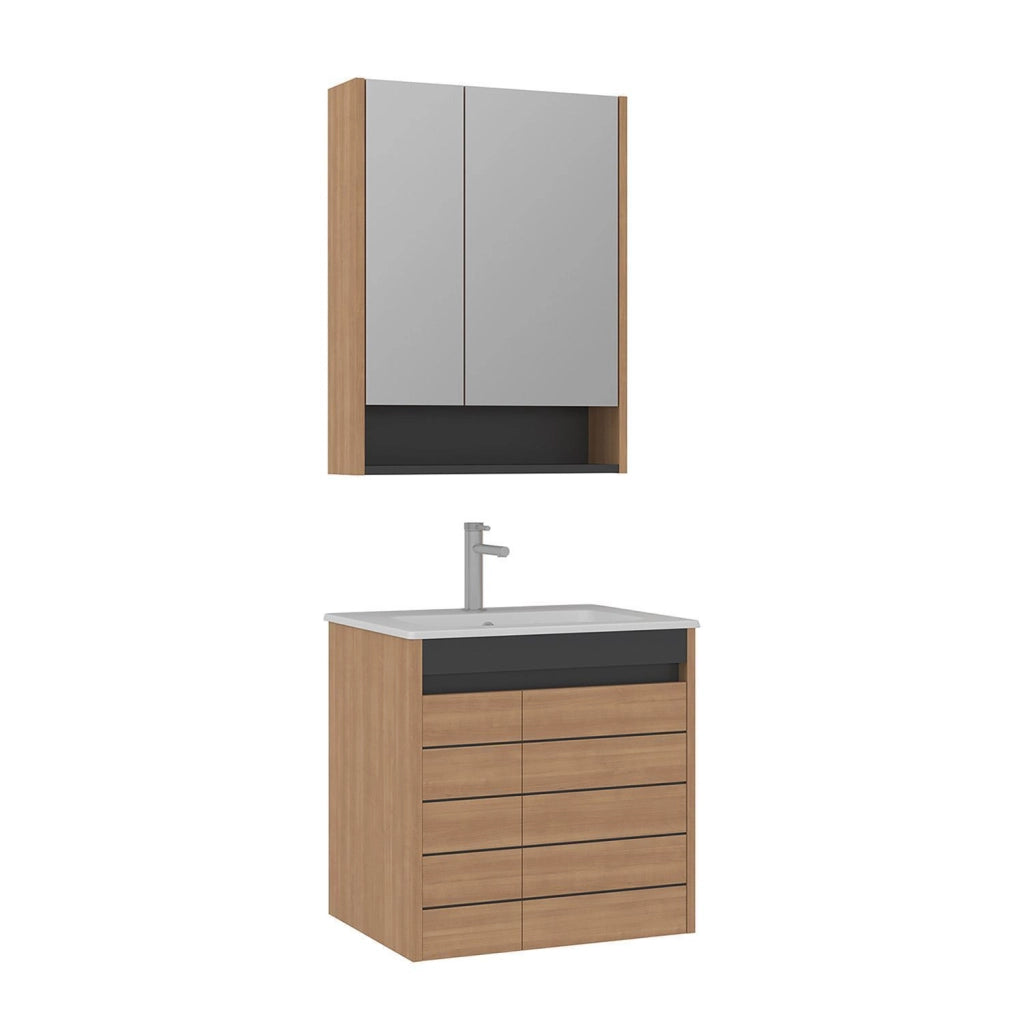 Set mobile lavabo con specchio (2 pezzi) "Ricato 60" - 61 x 47 x 62 cm - Rovere
