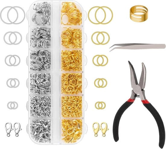 Kit di Riparazione per Collane con Accessori di Apertura e Chiusura, Forbici, Pinze, Crociera, Anelli per Collane per Ricamo e Pendenti (Argento e Oro)