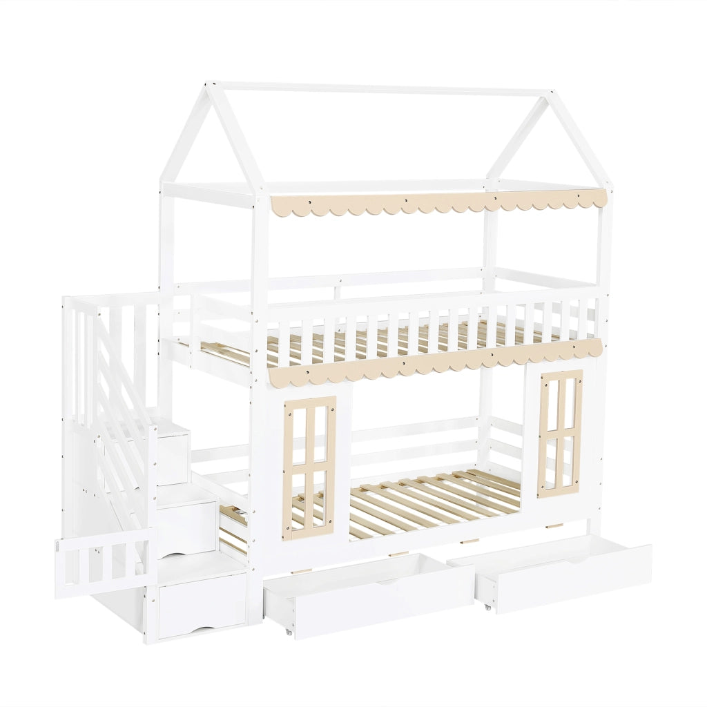 Letto a Castello 90 x 200 cm - Scala con Contenitore e 2 Cassetti - in Legno - Bianco e Naturale