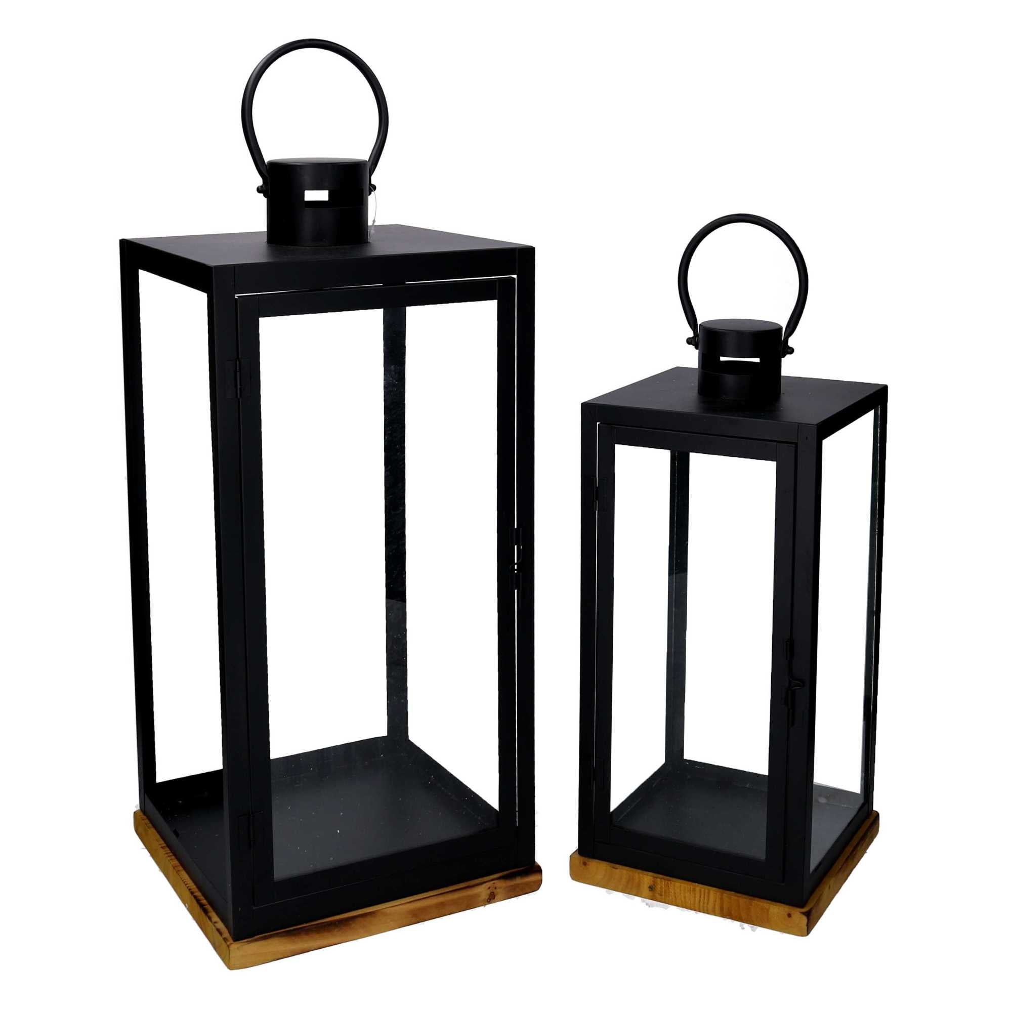 Lanterna metallo 1-2 nero base legno quadro cm24x24h55