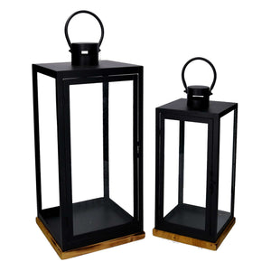 Lanterna metallo 1-2 nero base legno quadro cm24x24h55