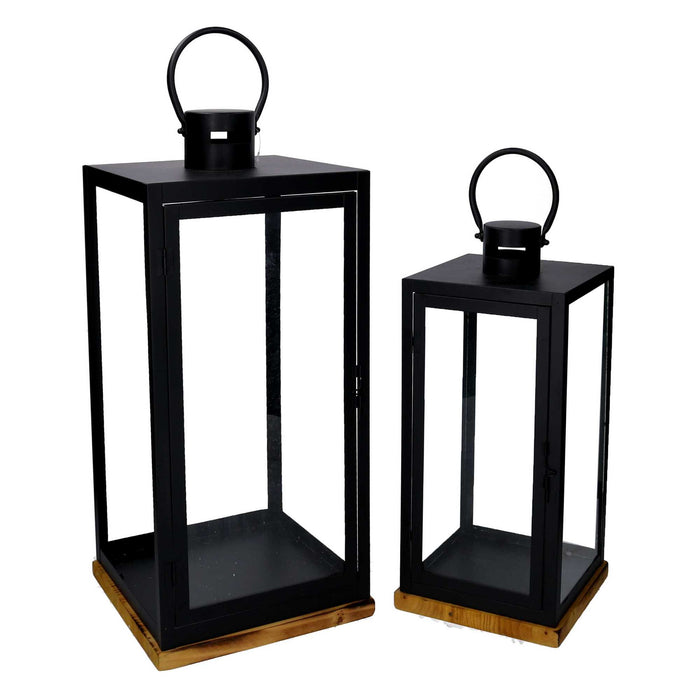 Lanterna metallo 1-2 nero base legno quadro cm24x24h55