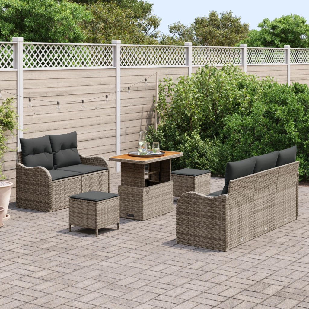 Set di divani da giardino in 8 pezzi con cuscini grigi in rattan poly e acacia