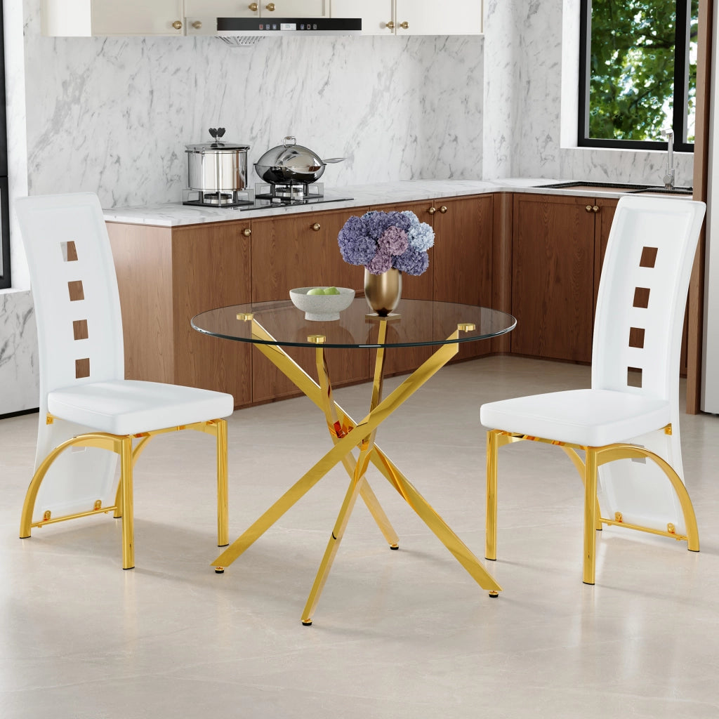 Set tavolo da pranzo e sedie con 1 tavolo rotondo e 2 sedie traforate; vetro; metallo e PU; bianco e oro