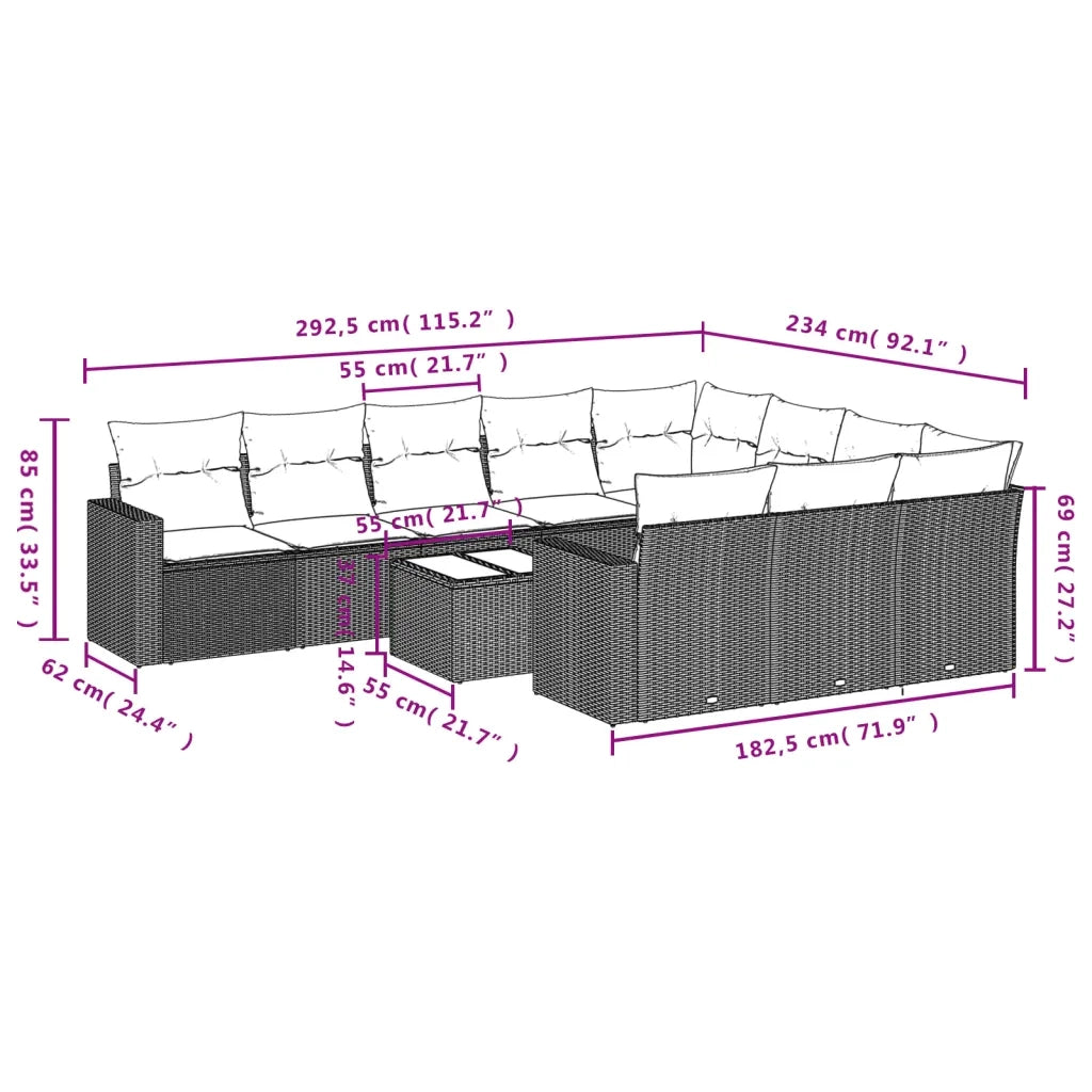 Set Divani da Giardino 11 pz con Cuscini in Polyrattan Grigio