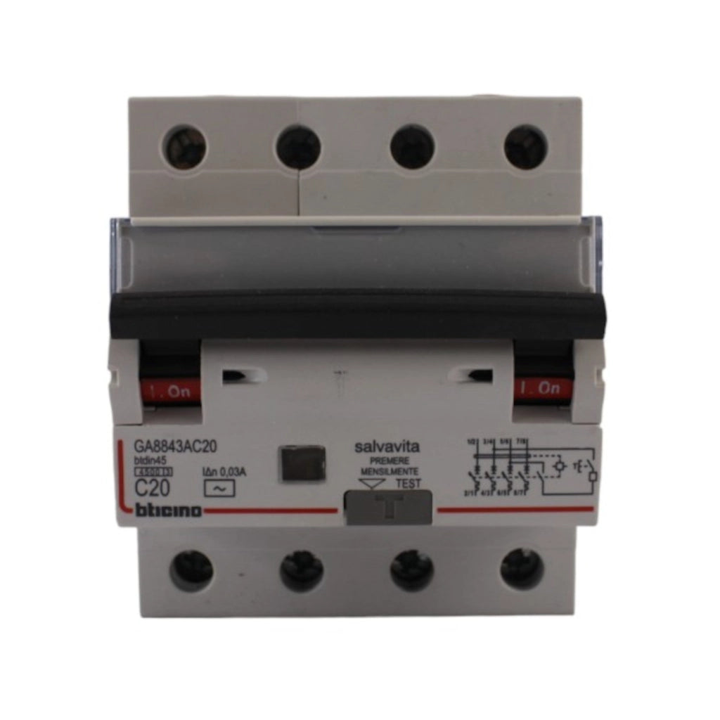 Interruttore magnetotermico differenziale salvavita 4 poli 4 moduli tipo AC 20A 4,5kA 230VAC Bticino