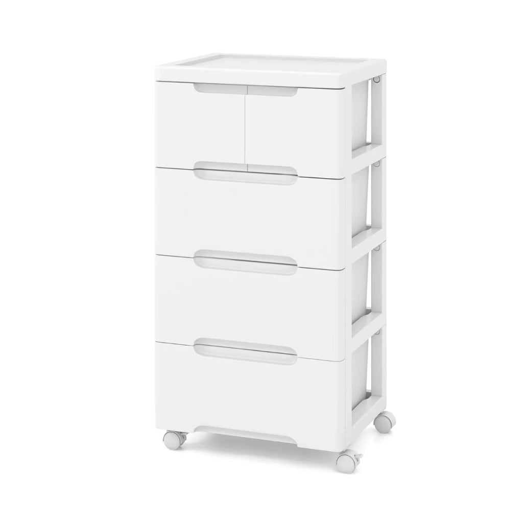 Mobiletto portaoggetti mobile su ruote 40 x 32 x 79 cm con 4 pratici cassetti e design moderno in PP bianco 20_0012736