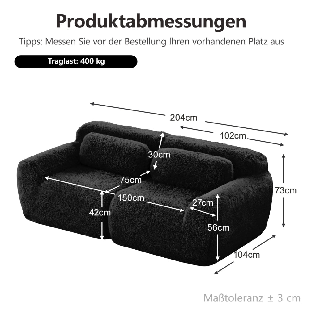 Divano modulare 2 posti in tessuto plush nero; design senza struttura con base antiscivolo