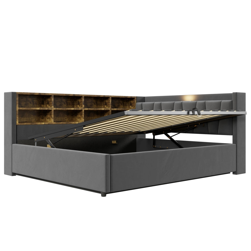 Letto imbottito multifunzionale 140x200 cm in velluto grigio con contenitore; luci e porte USB/Type-C