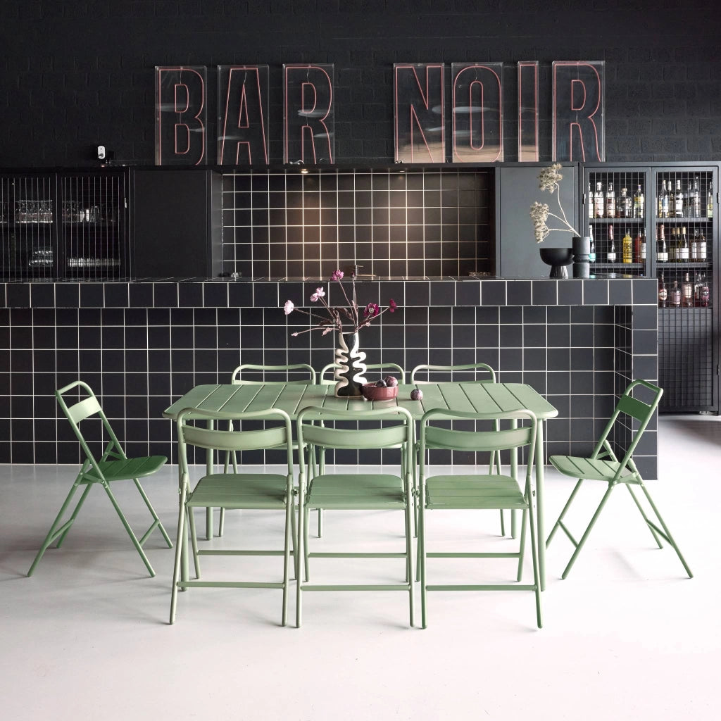 Set tavolo da giardino in acciaio con 8 sedie pieghevoli, 160cm, verde