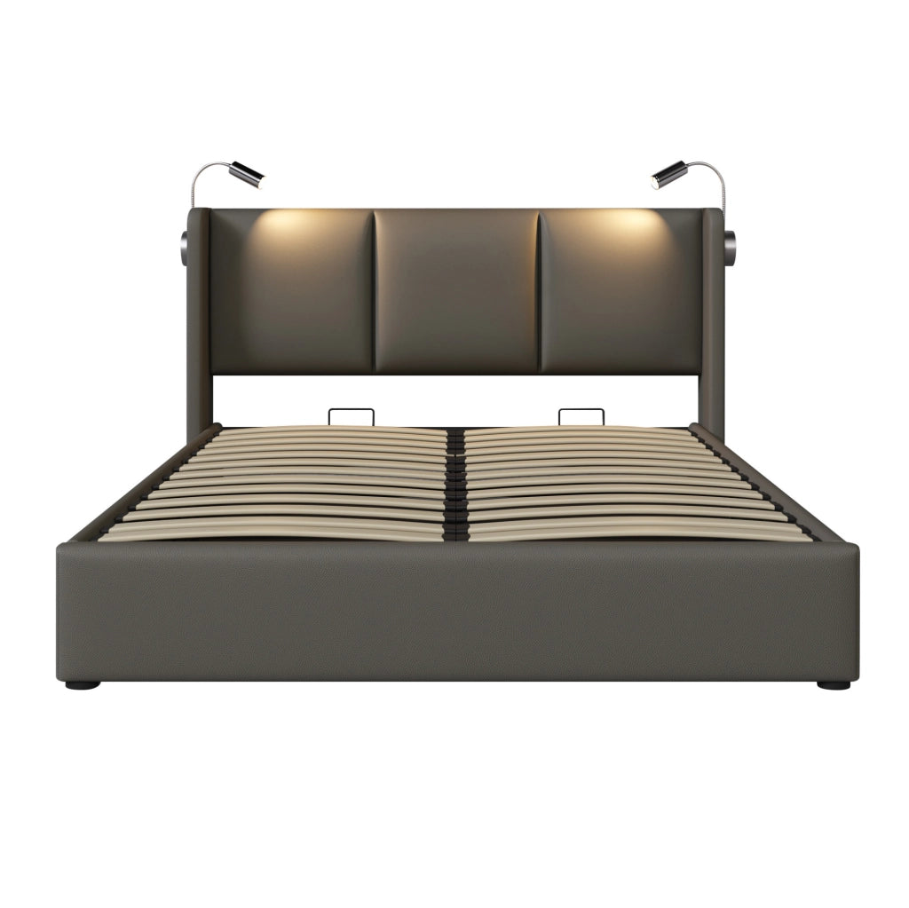 Letto matrimoniale 140x200 cm in PU grigio con contenitore; luce da lettura USB e materasso