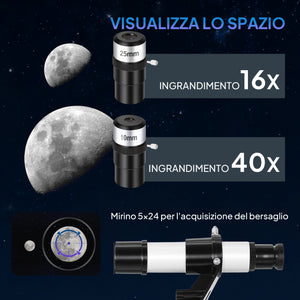 Telescopio Astronomico 70mm con 2 Lenti Oculari e Adattatore Smartphone Bianco e Nero