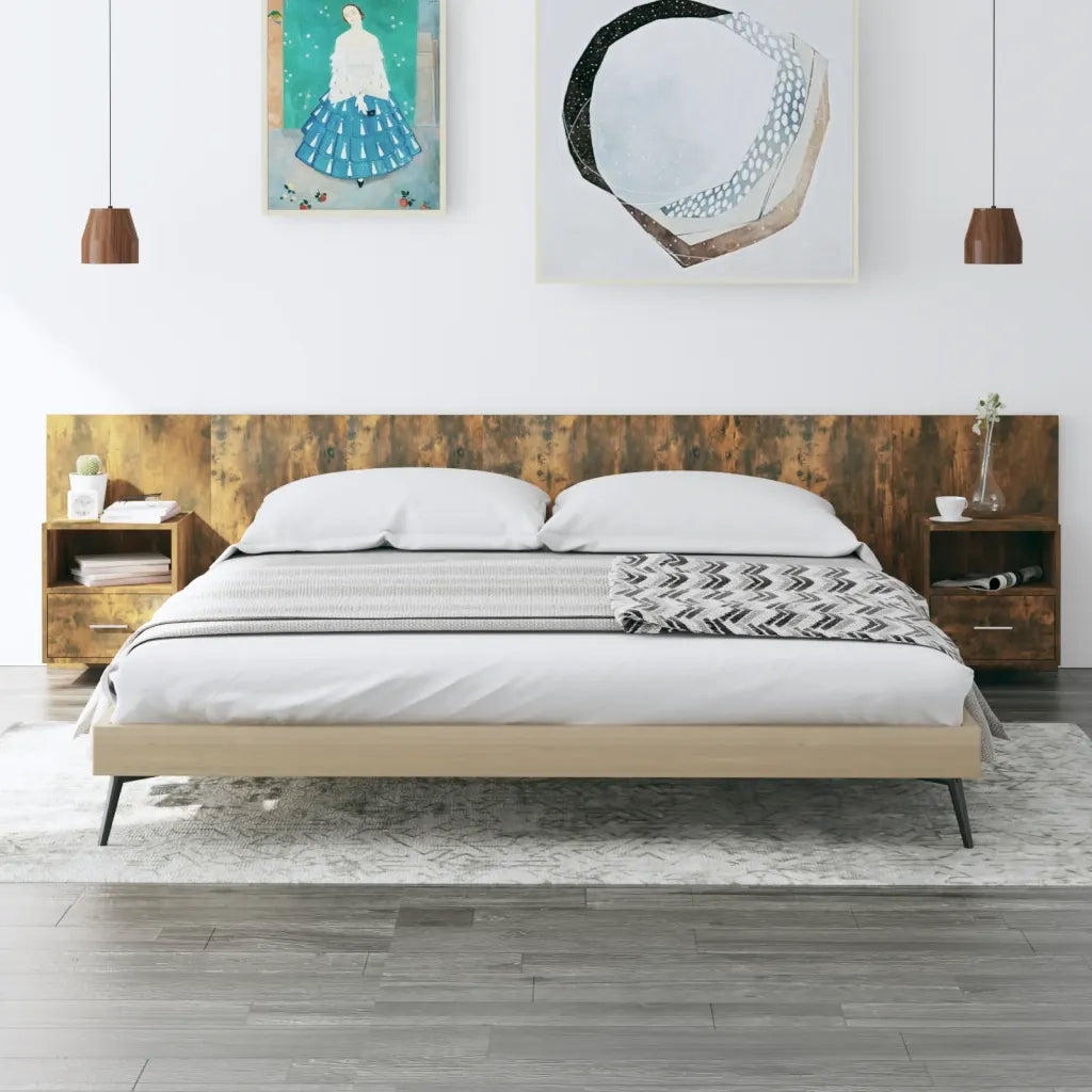 Testiera Letto con Comodini-Testiera con Contenitore Rovere Fumo in Legno Multistrato 661495