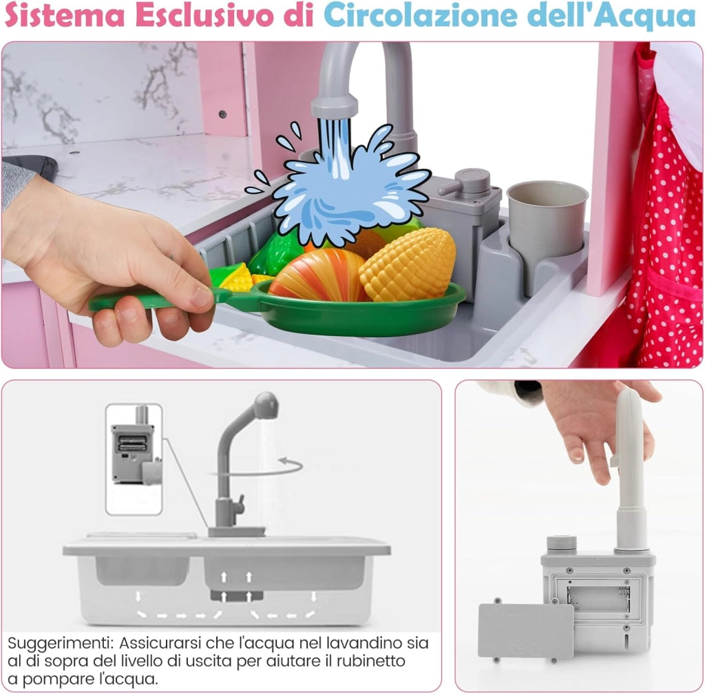 Cucina Giocattolo per Bambini, Set Cucina in Legno con Accessori, Luci e Suoni, Cappa, Fornelli, Microonde e Lavatrice, per Bambini 3+ Anni, 102 x 51 x 85 cm (Rosa)
