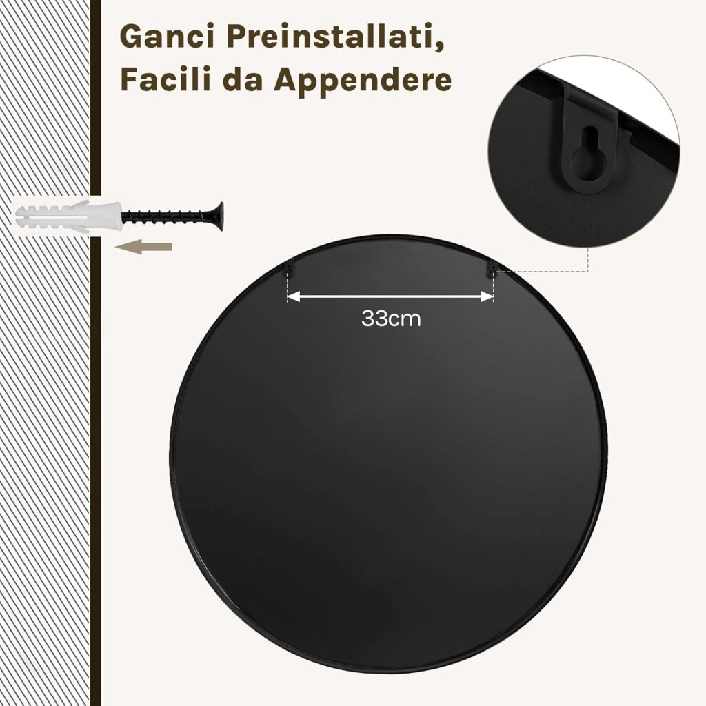 Specchio da Parete, Specchio Trucco,Cornice in Metallo Antiruggine, Decorativo per Bagno con Immagine Nitida, Ideale per Trucco e Arredamento Moderno, Specchio Bagno, Rotondo Nero 71cm