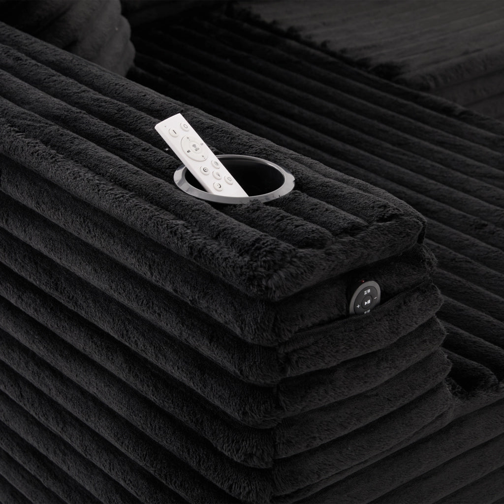 Divano modulare a U in tessuto corduroy nero con portabicchieri, tasche laterali e cuscini
