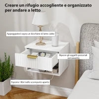 Set di 2 Comodini Sospesi con Pannelli Scanalati, Cassetto e Ripiano, 40x34x29 cm, Bianco
