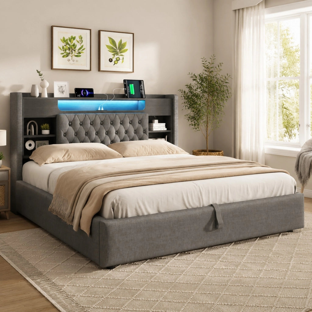 Letto matrimoniale 160x200 cm in lino grigio con LED, porte USB e contenitore