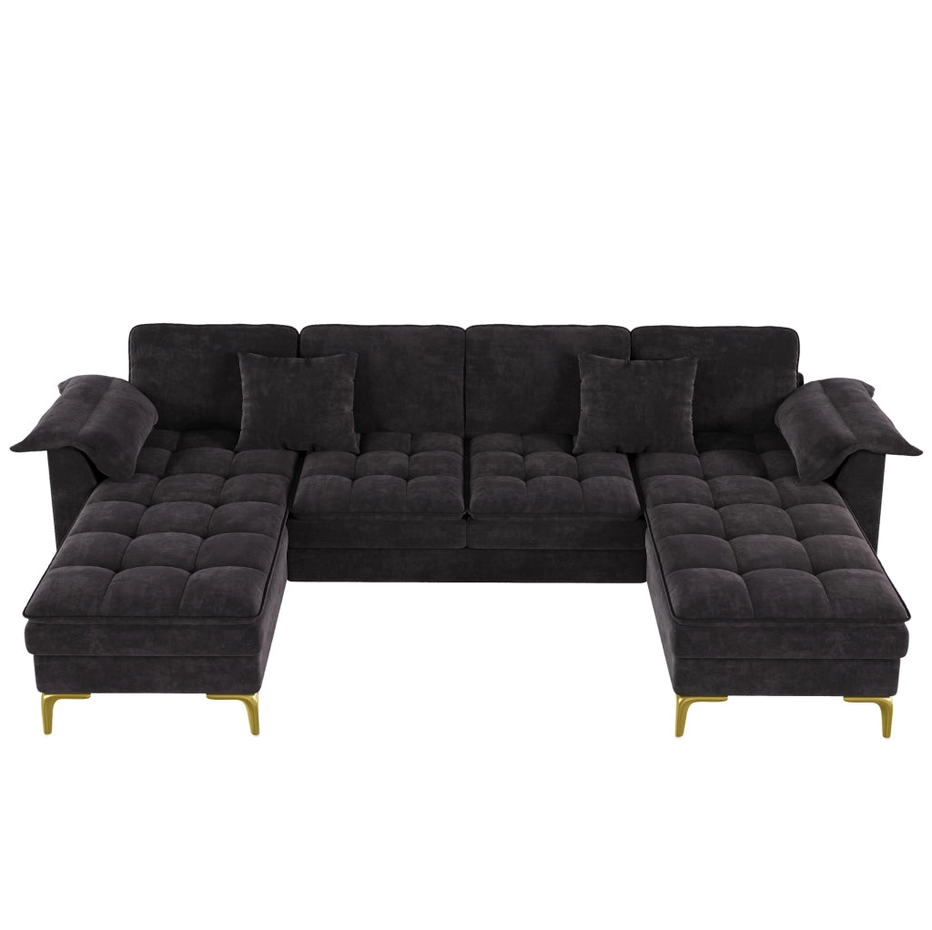 Divano angolare a U 262x134 cm nero in ciniglia; 2 chaise longue