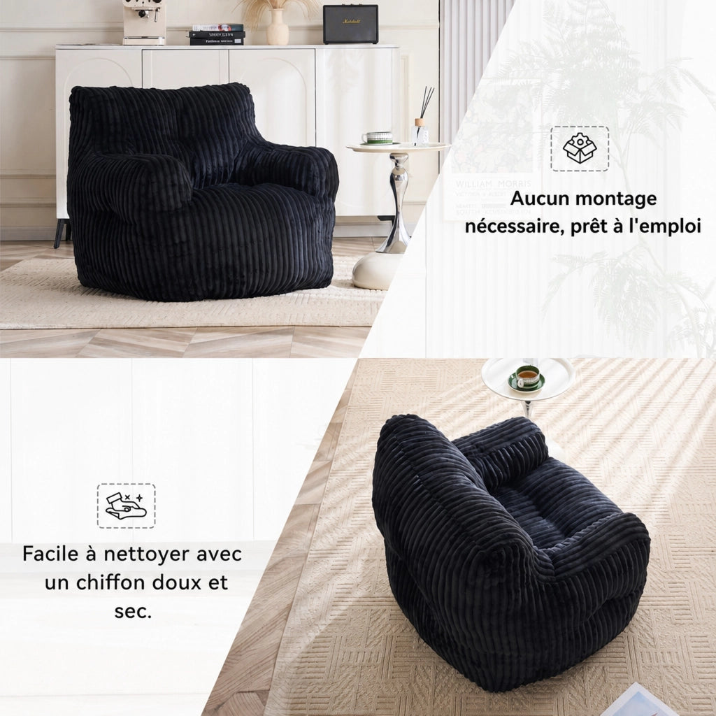Pouf sacco imbottito in morbido corduroy nero, 100 × 94 × 70 cm, portata 110 kg
