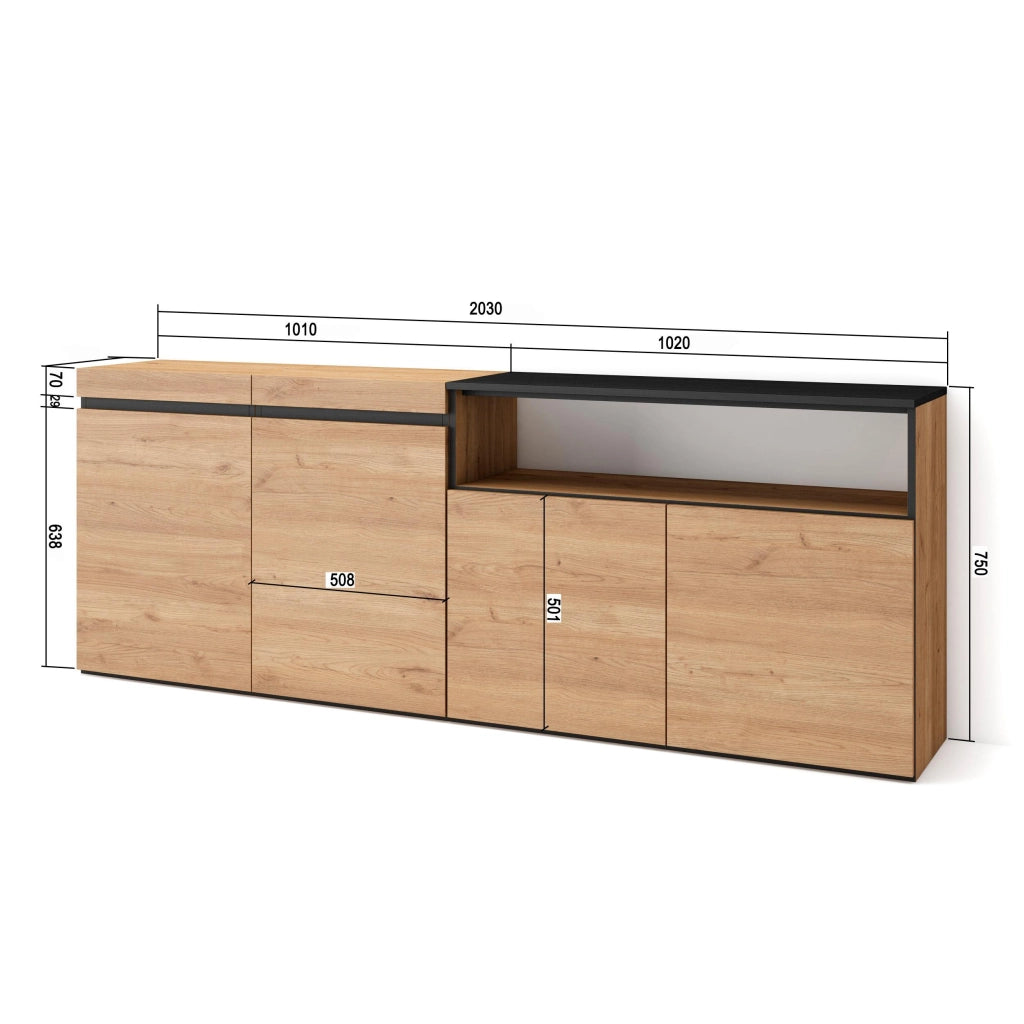 Credenza, Mobile, 200x35x75cm, 4 Porte, grande stoccaggio, colore Rovere e nero RF2316