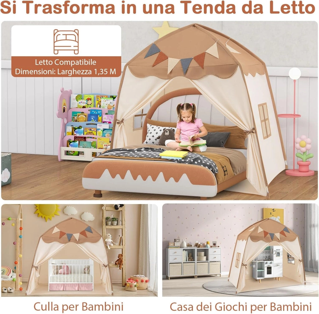 Tenda per Bambini con Luci Fatate e Bandierine, Tenda Casetta da Gioco con 2 Finestre, Tenda Gioco Castello Portatile per Interni ed Esterni, 157 x 98 x 148 cm (Marrone e beige)