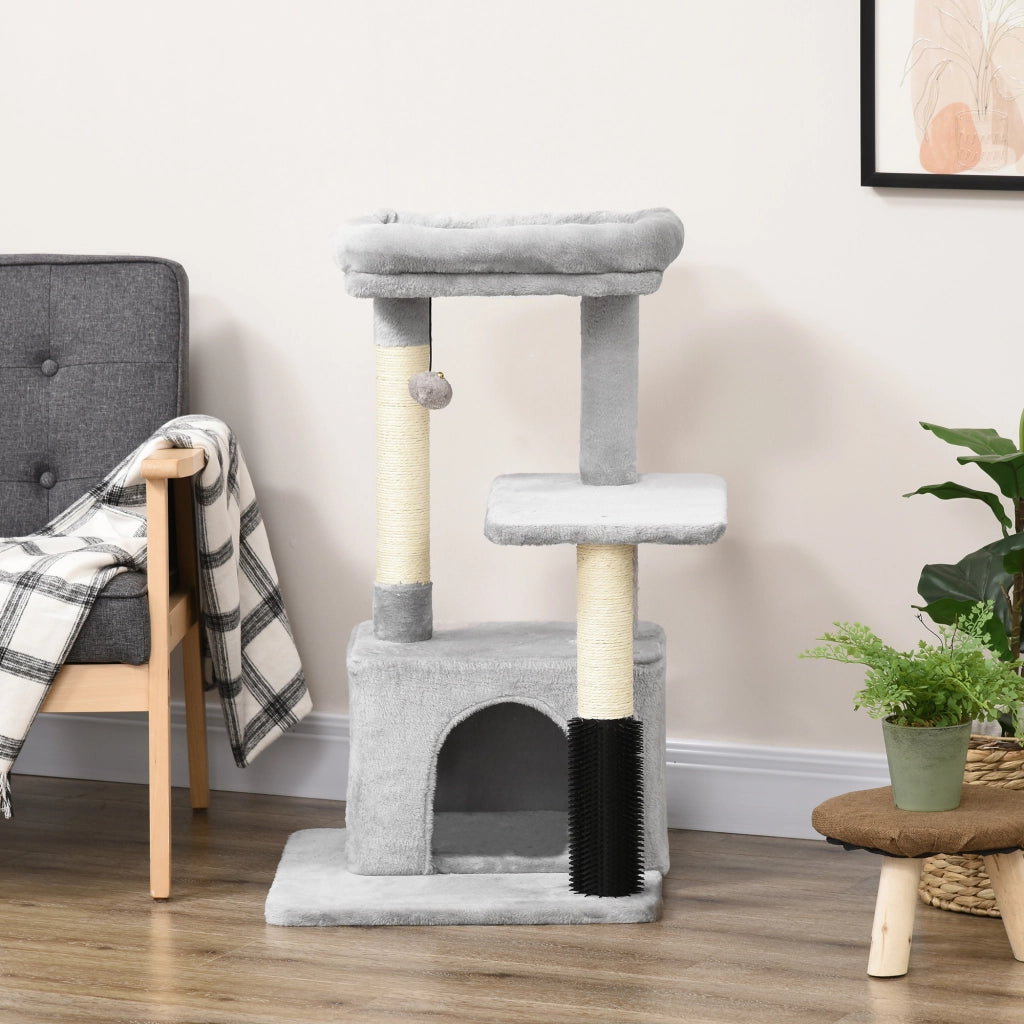 Albero tiragraffi per gatti con cuccia lavabile e pallina sospesa, grigio chiaro, 48x48x85 cm