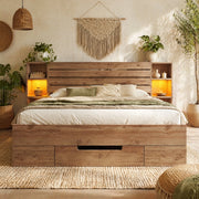 Letto matrimoniale ULEVR 160x200 cm con LED, USB e Type-C, vani nel testiera e 2 cassetti, rovere