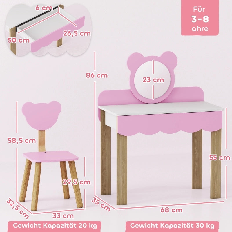 Tavolino da trucco per bambini con sgabello, specchio a forma di orsetto, cassetto, MDF, rosa