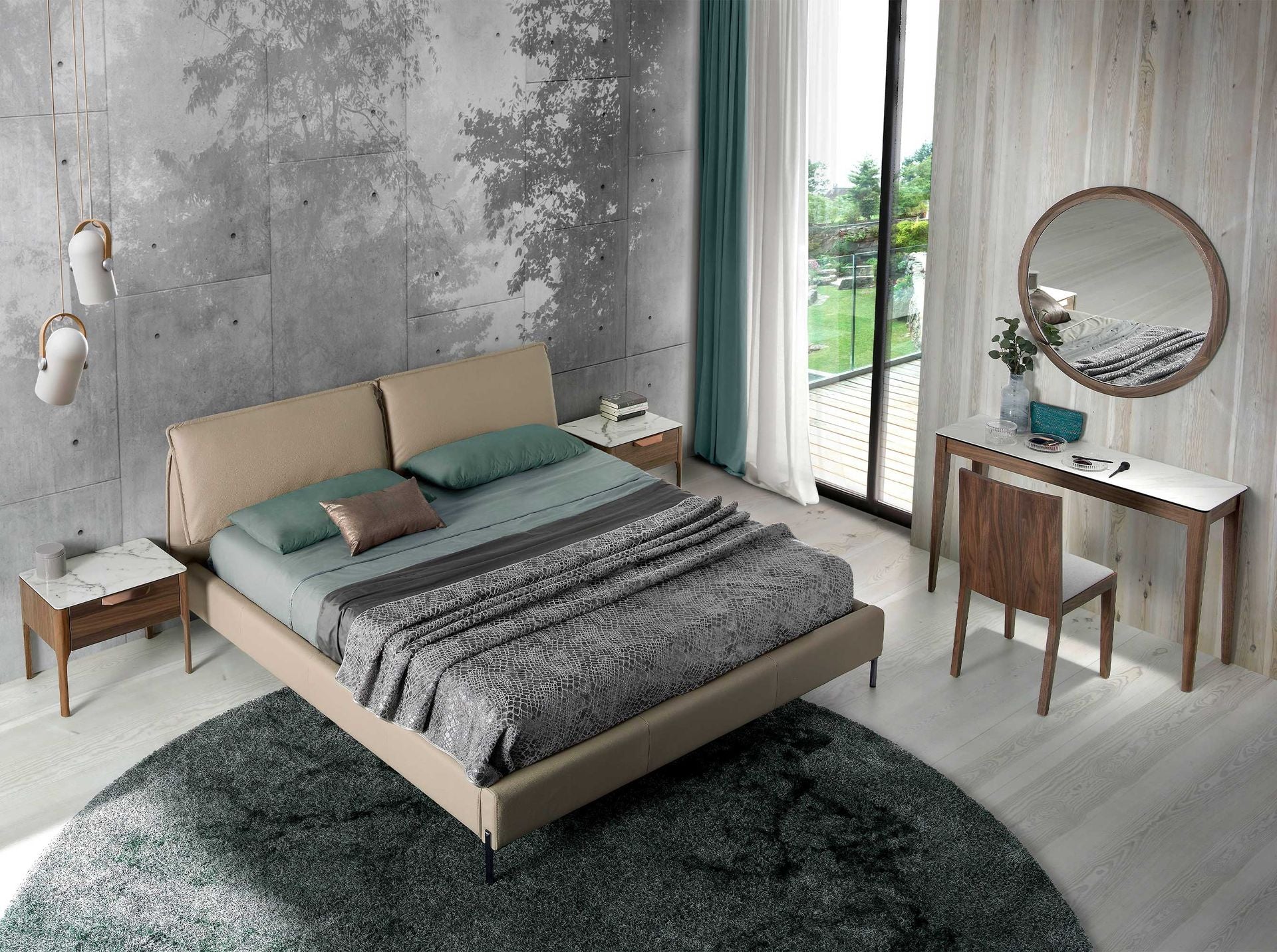 Comodino in noce con piano in vetro finto marmo e illuminazione interna