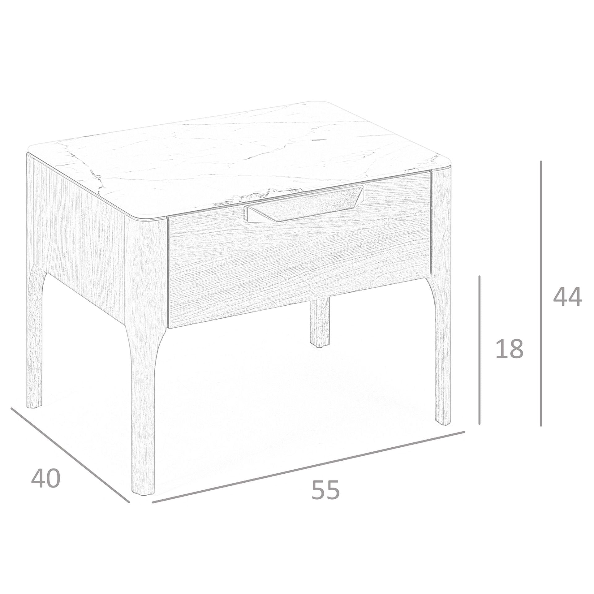 Comodino in noce con piano in vetro finto marmo e illuminazione interna
