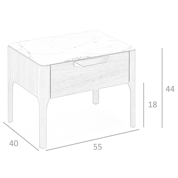 Comodino in noce con piano in vetro finto marmo e illuminazione interna