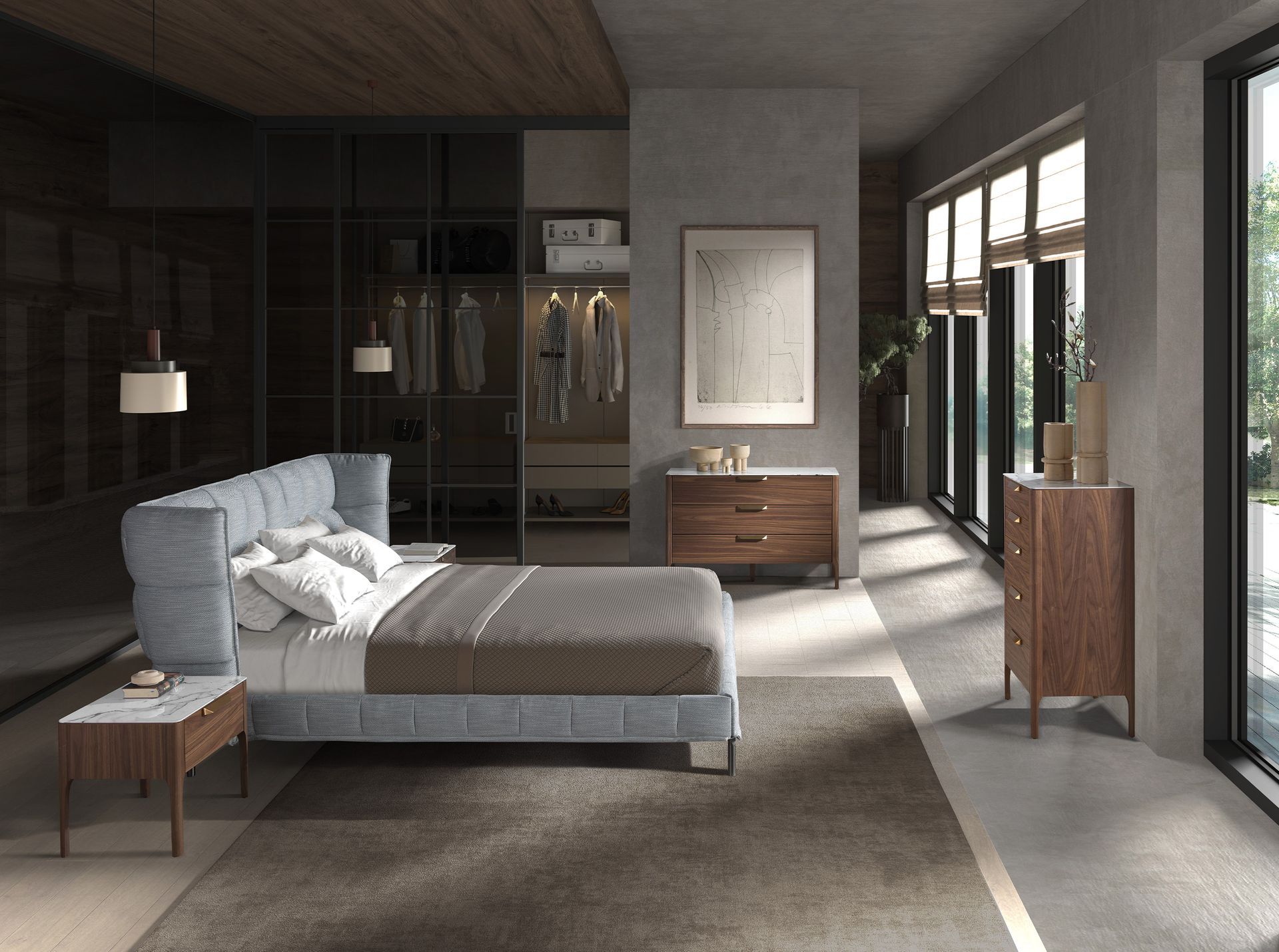 Comodino in noce con piano in vetro finto marmo e illuminazione interna